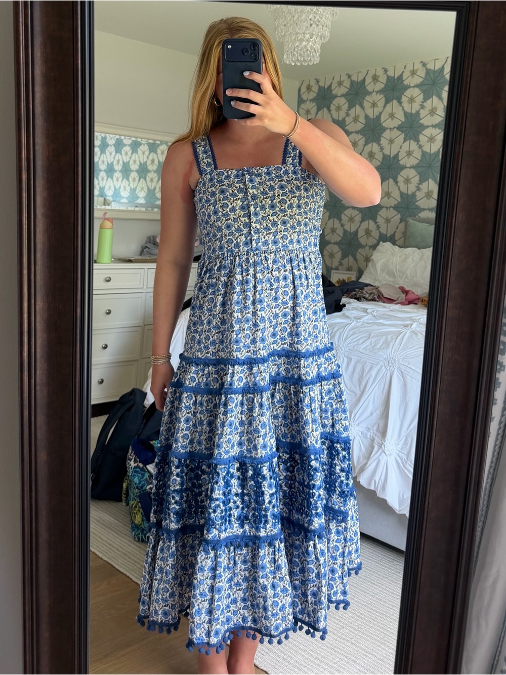 The Shirt by Rochelle Behrens Blue Floral Tiered Maxi Dress with Pom Trim
